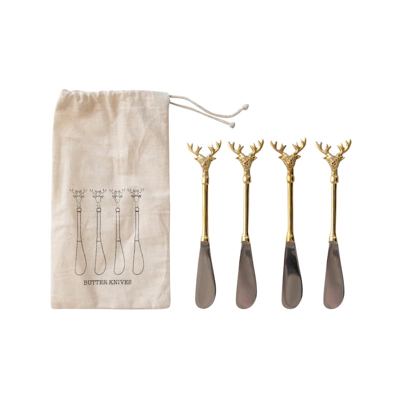 Stainless Steel and Brass Canapé Knives with Reindeer Handles - Multi - 4 Piece