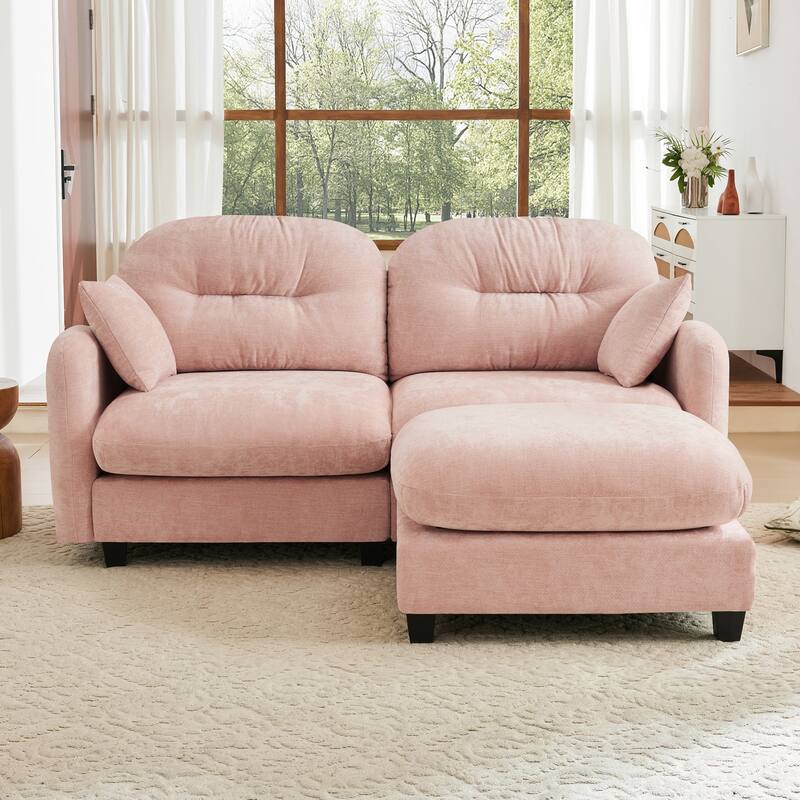 2 Seat Chenille Sofa Round Arms Sectional Sofa, Modern 74" Tufted Back Couch with Ottoman for Lving Room, Small Space