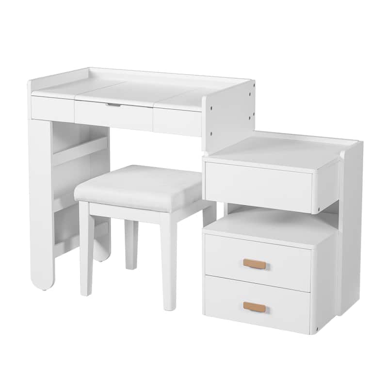 3-in-1 Makeup Vanity Desk with Stool, Flip-Top Mirror, Adjustable 3 Colors Lighting & Retractable Side Cabinet