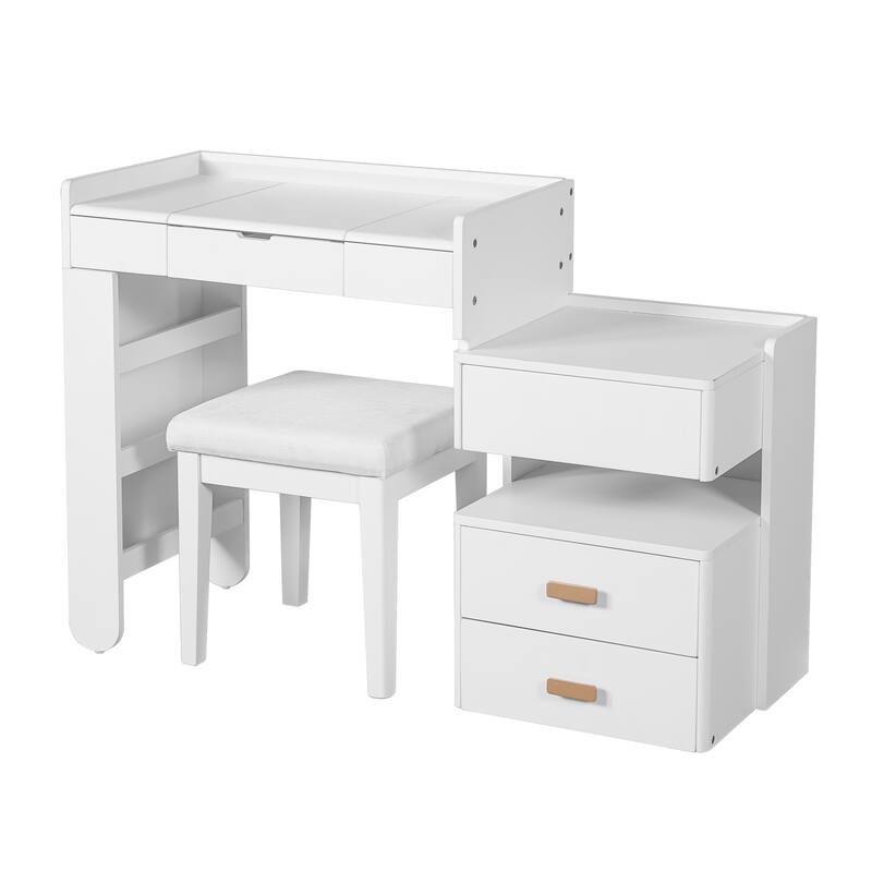 Bedroom Dressing Table and Stool Set of 2, 3-in-1 Makeup Vanity Desk with 3-Color Lighted Mirror & Retractable Side Cabinet