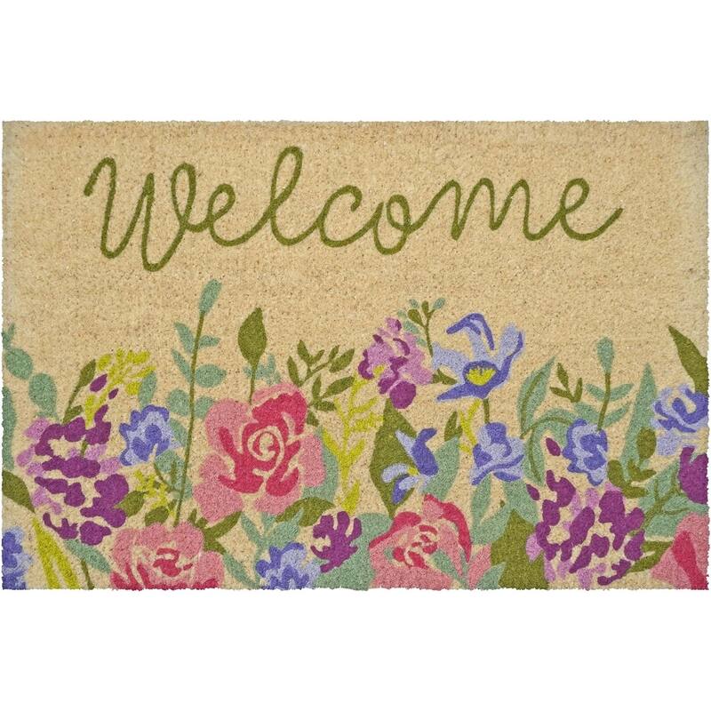 HomeRoots 18" X 30" Brown Green And Pink Floral Welcome Outdoor Coir Door Mat - 18.00' X '30.00