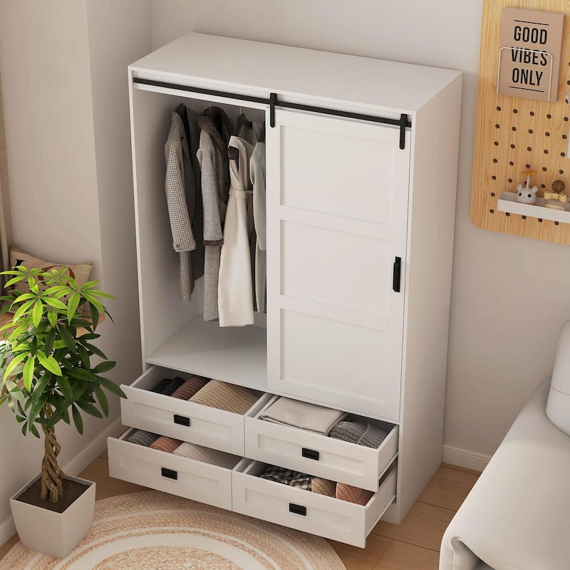 Tall Bedroom Armoire Wardrobe Closet - Clothing Storage Cabinet with Hanging Rod, Barn Doors
