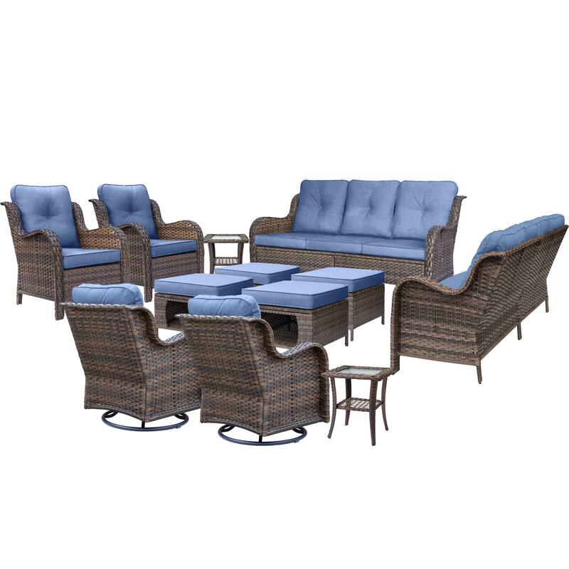 Rattan Wicker Outdoor Patio Furniture Sofa Set with Swivel Rocker Chairs