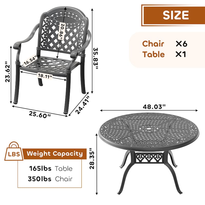 5/7-Piece Cast Aluminum Outdoor Dining Set with 48.03 in. Round Table and Random Color Cushions