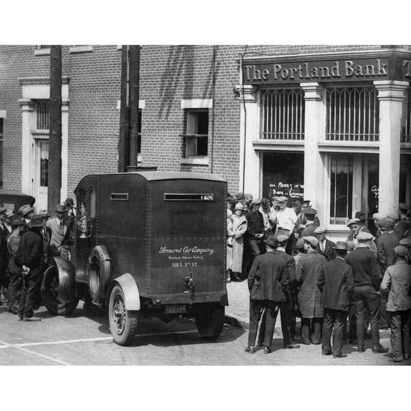 armored car at the Portland Bank Black and White Gallery Wrapped Canvas