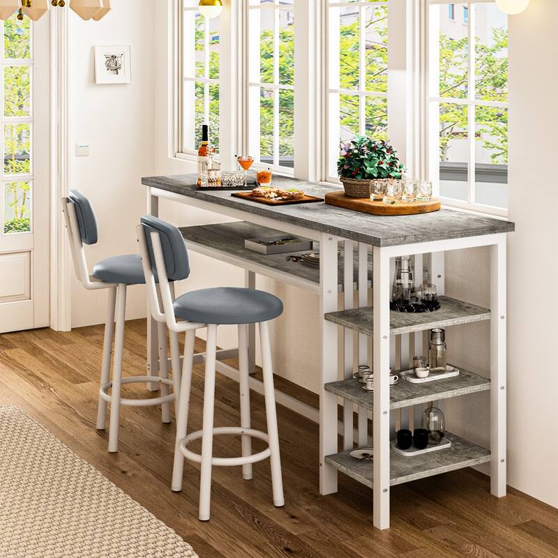 3-Piece Dining Room Table Set with 2 Upholstered Bar Stools, Modern Farmhouse Bar Table Set for 2 with Multiple Tier Shelves