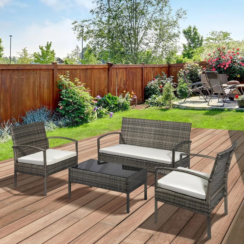4PCS PE Rattan Conversation Set, Sofa Loveseat Table, All Weather