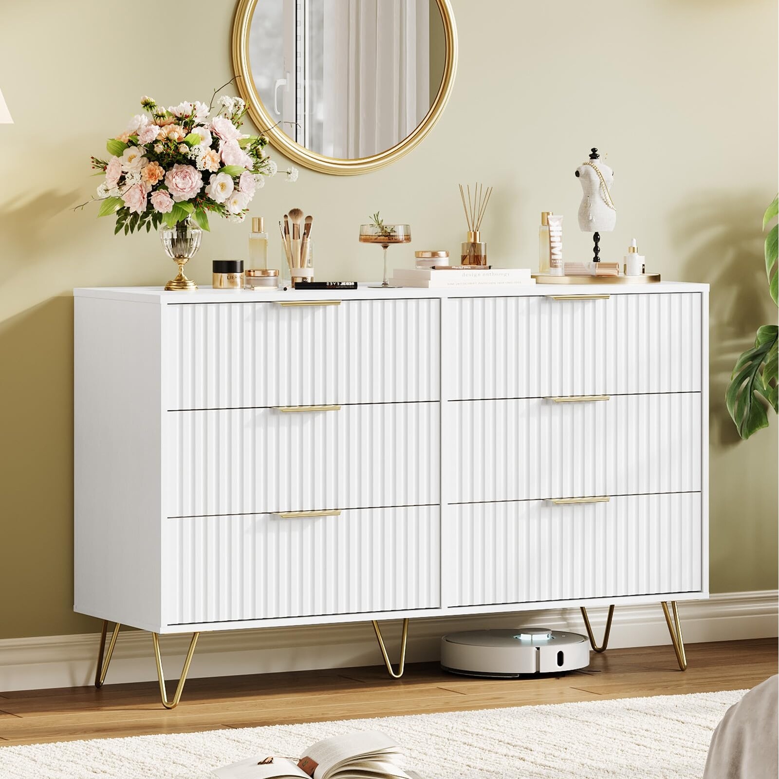Fluted Dresser for Bedroom with 6 Drawers,47" Wide Modern Chest of Wooden Bedroom Chest with Metal Handle