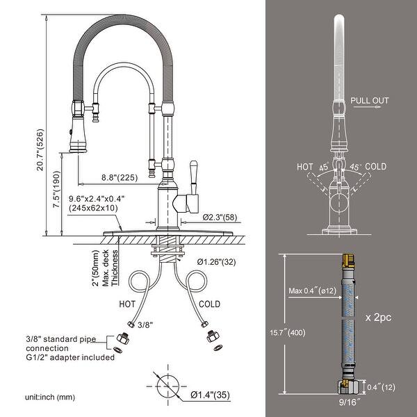 dimension image slide 9 of 12, WOWOW Single Handle Gooseneck Pull Down Sprayer Kitchen Faucet