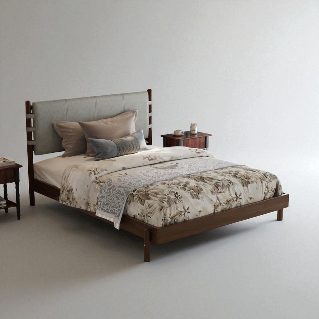 Mid Century Modern Queen/King Rubber Wood Platform Bed Frame with Headboard, Solid Wood Bed No Box Spring Needed