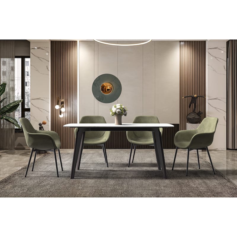 Krevor Modern Dining Table with Rectangular Sintered Stone or Glass Wide Tabletop and Black Steel Base