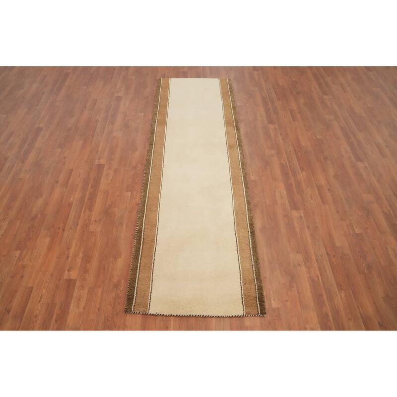 Hand Knotted Oriental 100% Wool Carpet Modern Bordered Beige & Ivories Gabbeh Runner Rug - 8' 4'' X 2' 8''