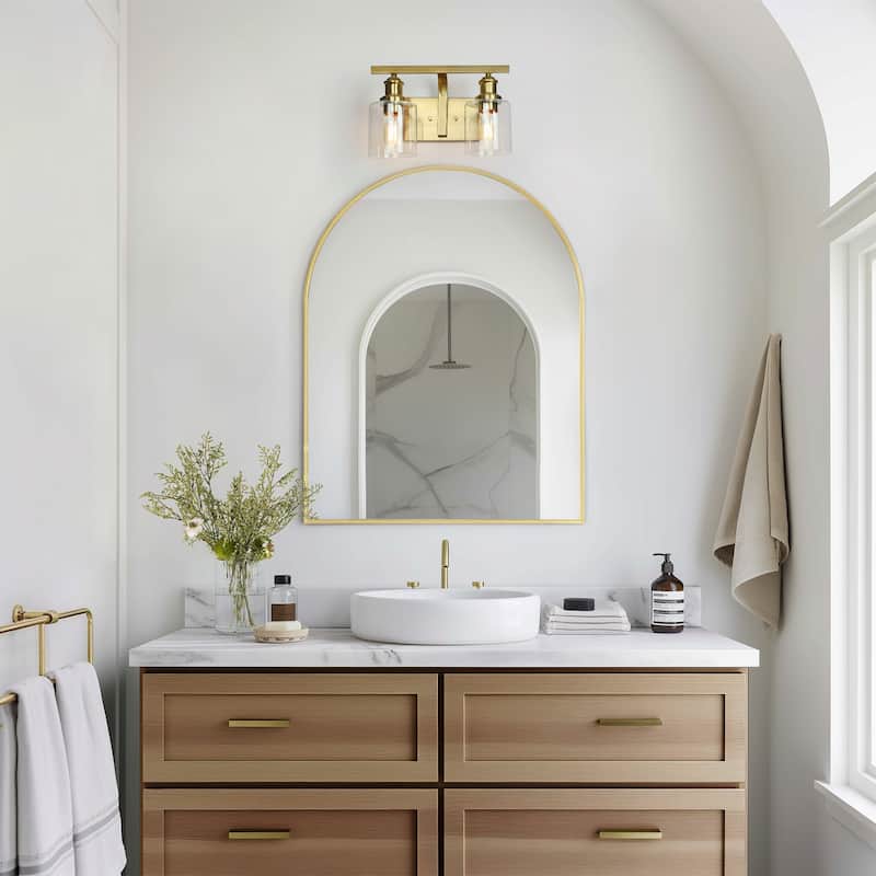 Oriva Modern 2-Light Gold Wall Sconce Cylinder Clear Glass Bathroom Vanity Light - Brushed Electroplated Copper - W14"xD6.5"xH9"