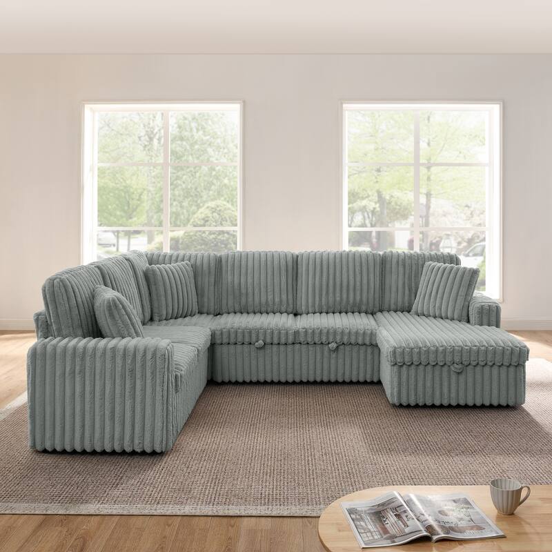 Corduroy Upholstered Reclining Sofa U-shaped Sleeper Sectional Couch with Pull Out Bed, Storage Chaise and Adjustable Backrests