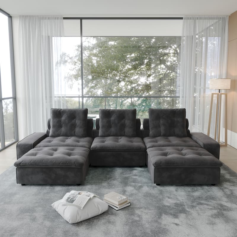 Oversized Down Filled Sectional Couches for Living Room U-Shaped Modular Couch,Adjustable Backrest - Grey-5 seats