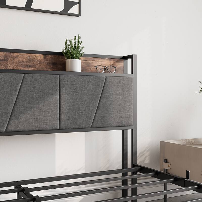 Rustic Style Metal Platform Bed Frame with 2 Drawers & Charging Station