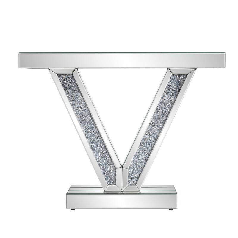 V-Shaped Frame Mirrored Console Table With Sparkling Crystal Accents