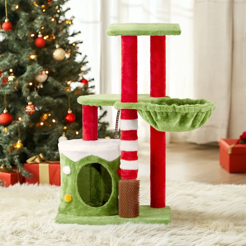 Cat Scratching Posts Tower With Cat Condo And Hammock, Christmas Themed Plush Cat Tree With Cat Massage Brush