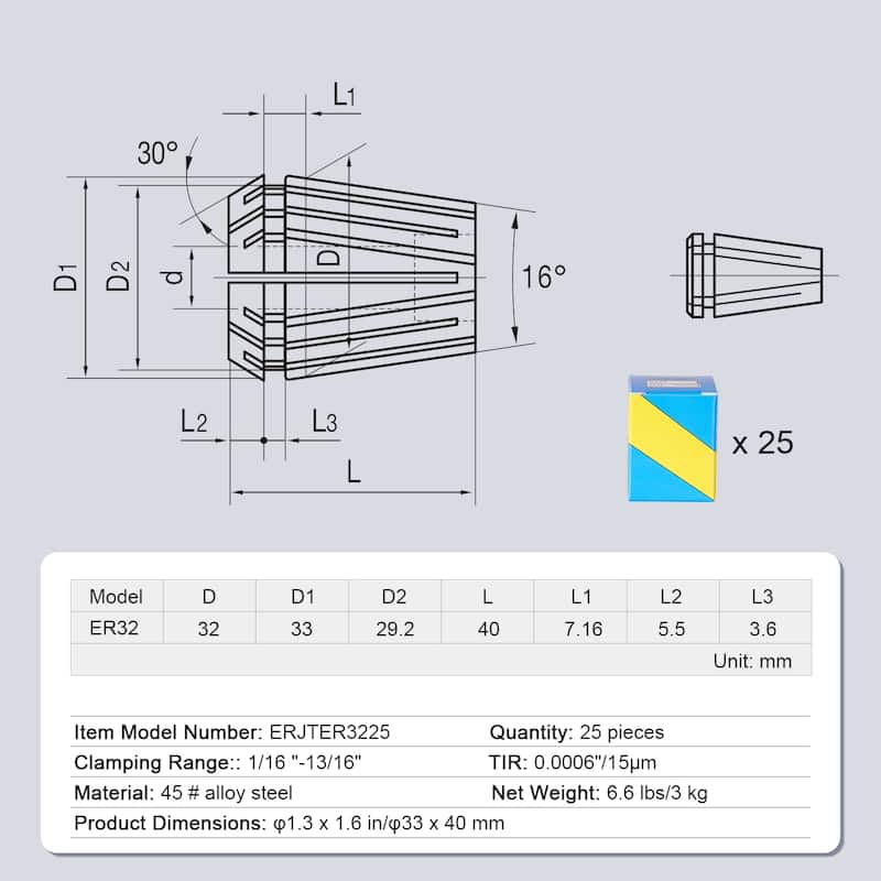 25 pcs ER32 Collet Set, 1/16''-13/16'', ER32 Spring Collet Chuck Set, 0.0006"/15 μm TIR Lathe Chuck Tool