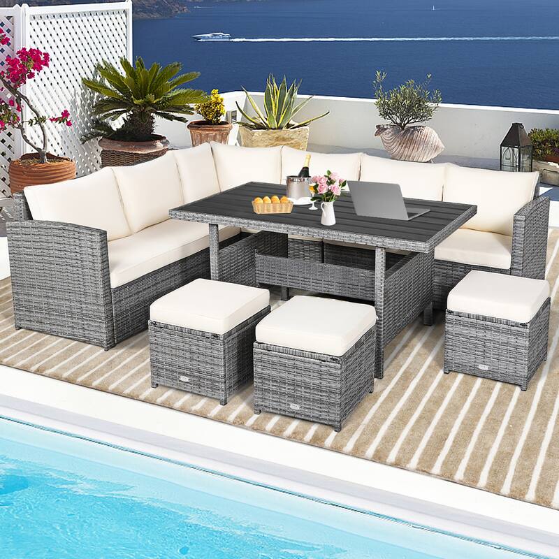 Gymax 7PCS Rattan Patio Sectional Sofa Set Conversation Set w/ White - See Details