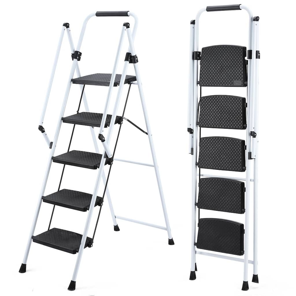 Anmytek 5 Step Folding Ladder Stool Steel Anti Slip Wide Pedals White Lightweight 330 Lb