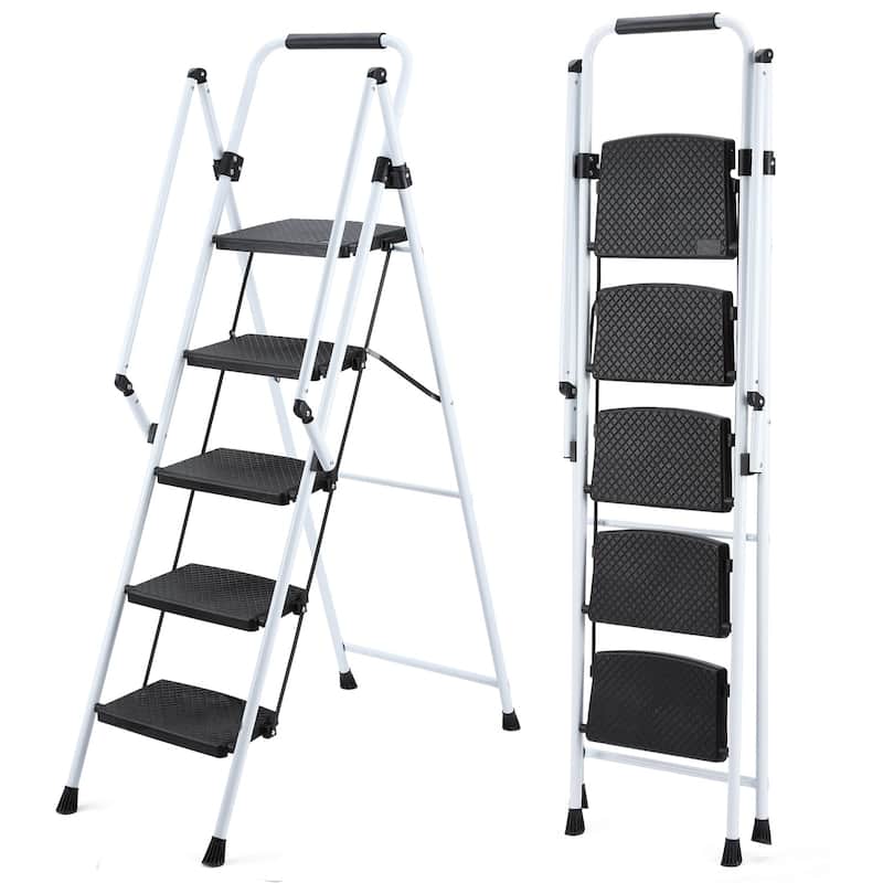 Anmytek 5 Step Folding Ladder Stool Steel Anti Slip Wide Pedals White Lightweight 330 Lb - ABS - White