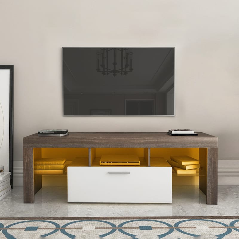 51" TV Stand with Glass Shelf & LED for TVs Up to 55" - Brown+White