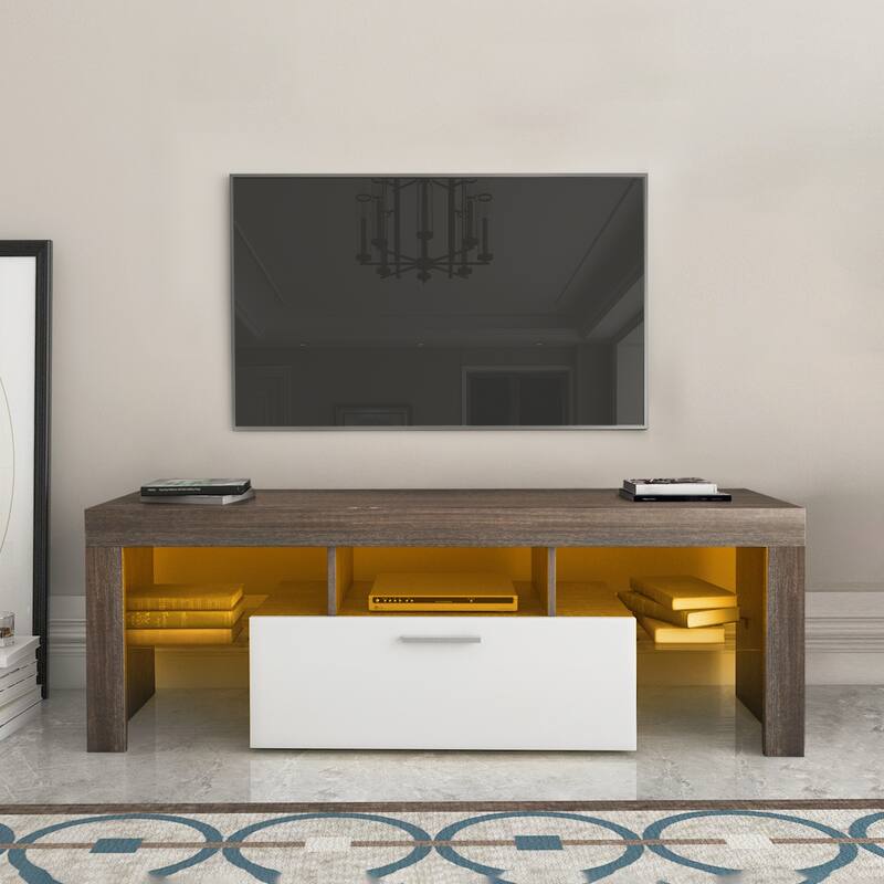 TV Stand with 3 Open Shelves, LED Color Changing Lights, Toughened Glass Shelf Floor Cabinet Floor TV Wall Cabinet - Brown+White 50-59 inches