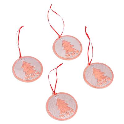 Sterling silver accented copper ornaments, 'Christmas Pine' (set of 4)