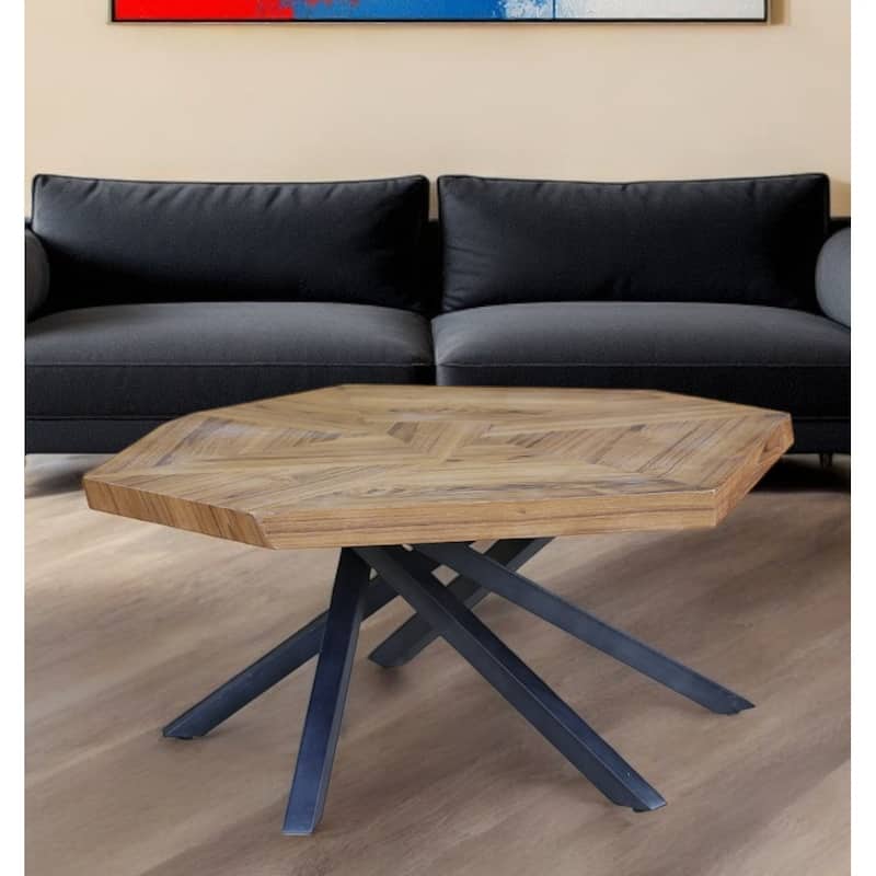 HomeRoots 42" Brown And Black Wood And Iron Free Form Coffee Table - 42' X '18' X '42 - Brown