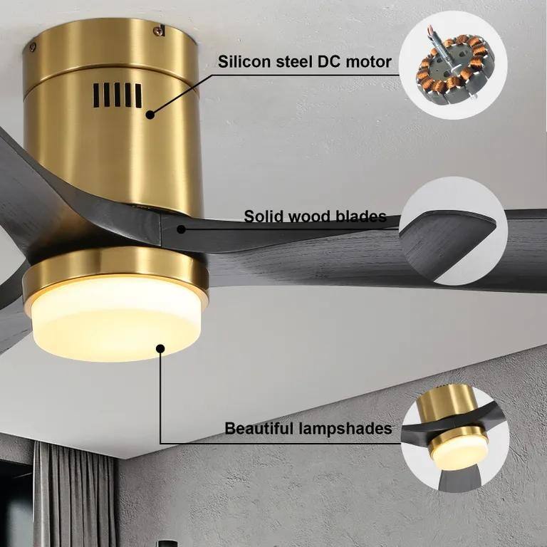 52" Flush Mount Ceiling Fan with Light, Noiseless Reversible Motor Ceiling Fan for Indoor Outdoor, 3 Solid Wood Fan Blades
