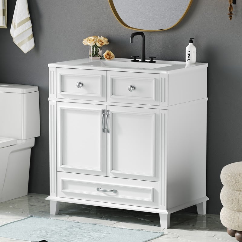 30'' Bathroom Vanity with Ceramic Sink,Solid Wood Frame Bathroom Storage Cabinet with Soft Closing Doors,Retro Style - White