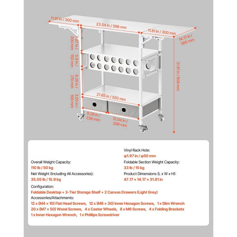 Crafting Table with Vinyl Roll Rack and Foldable Storage Organizer - 23.54” x 14.17” x 31.81”