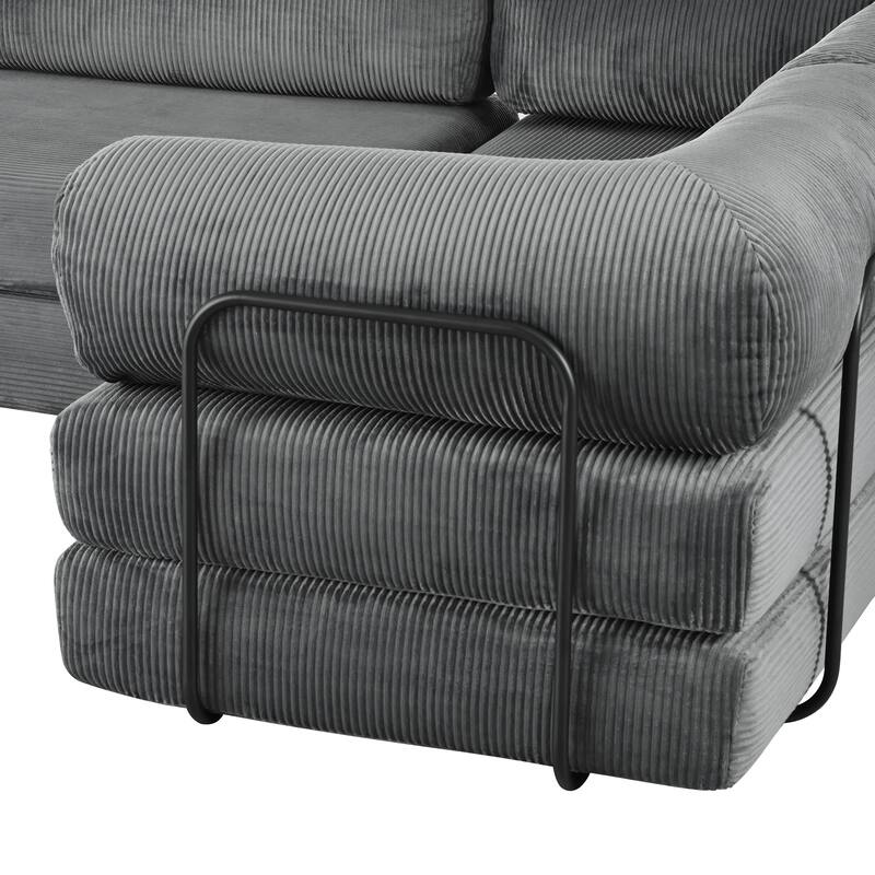 Roomfitters Modern L-Shaped Modular Sofa Bed, Corduroy Convertible Sleeper Sectional Couch with Industrial Metal Frame