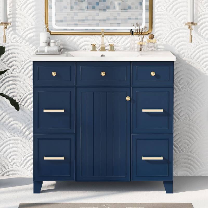 Modern 36-Inch Free-Standing Vanity with Single Sink, Storage Drawers & Adjustable Shelf