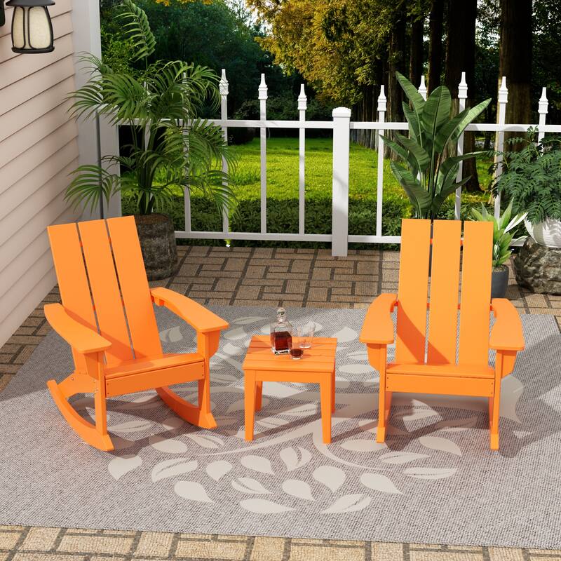 Shoreside Modern Eco-Friendly All Weather Poly Adirondack Rocking Chairs with Side Table (3-Piece Set) - Orange
