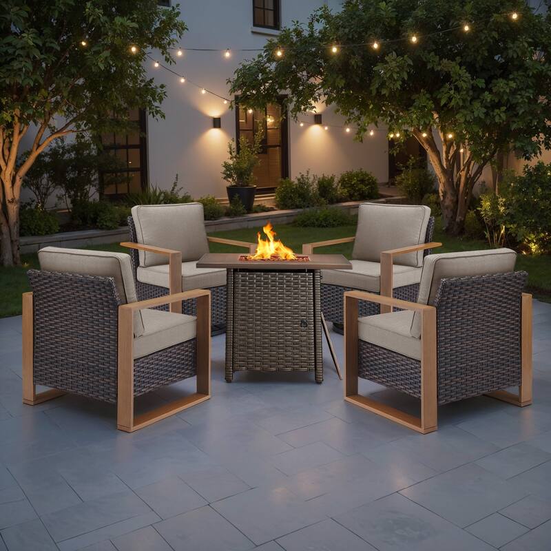 Meyreso 5-Piece Wicker Patio Conversation Set with Fire Pit & Plush 4.5" Olefin Cushions - Brown Wicker - Beige Cushions