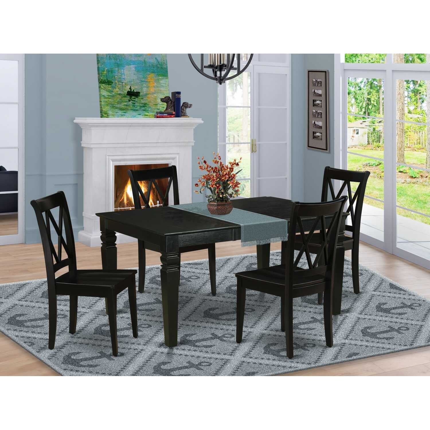 HomeStock 5-Piece Rectangle Black Finish Solid Wood Top Dining table with 4-Chairs with Butterfly Leaf