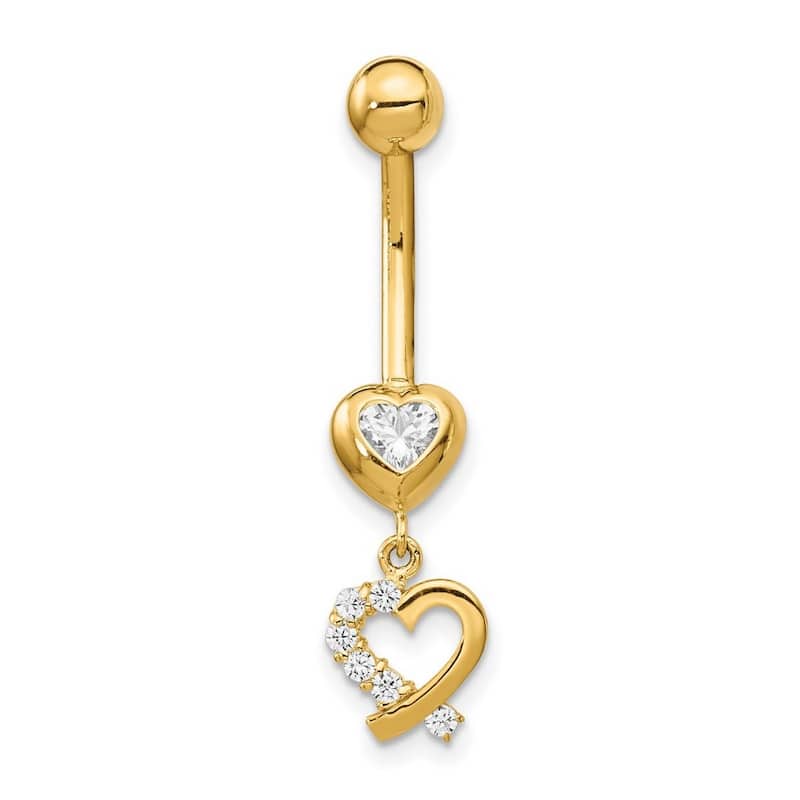 Curata Solid 14k Yellow Gold Cubic Zirconia 8mm 2-hearts Dangle Belly Ring (8mm x 32mm)