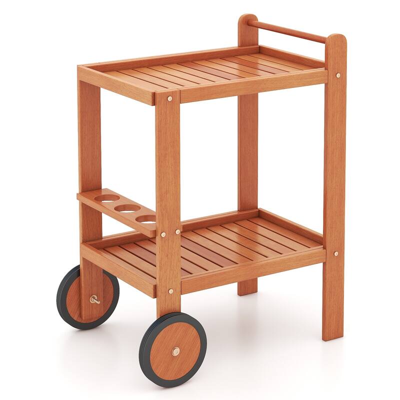 Gymax Wood Bar Cart 2 Tier Bar Trolley w/ Large Rubber Wheels & Wine