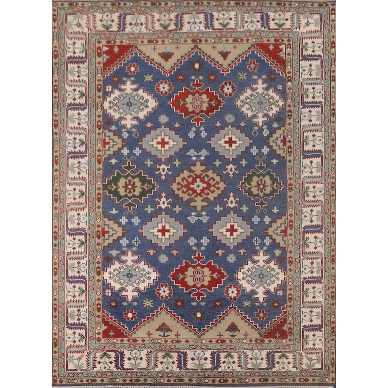 Blue Geometric Kazak Oriental Area Rug Handmade Wool Carpet - 7'10" x 9'9"