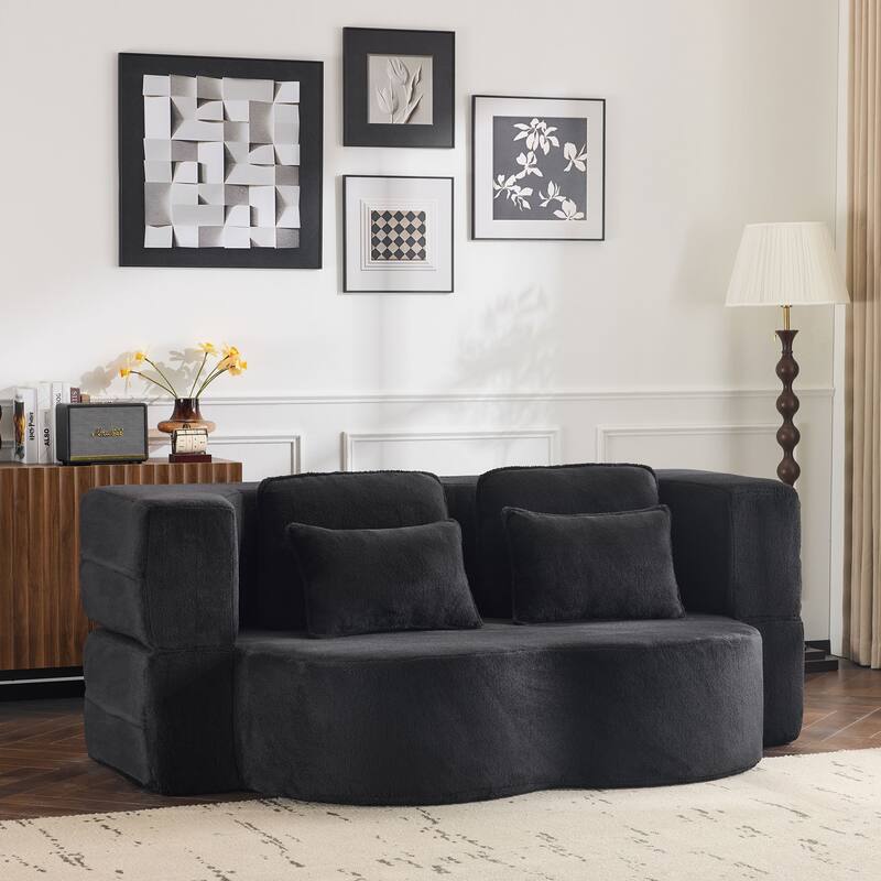 Folding Plush Futon Loveseat Couch Converts into Sleeper Sofa Bed or Yoga Mattress, High-Density Foam Queen Size Floor Bed