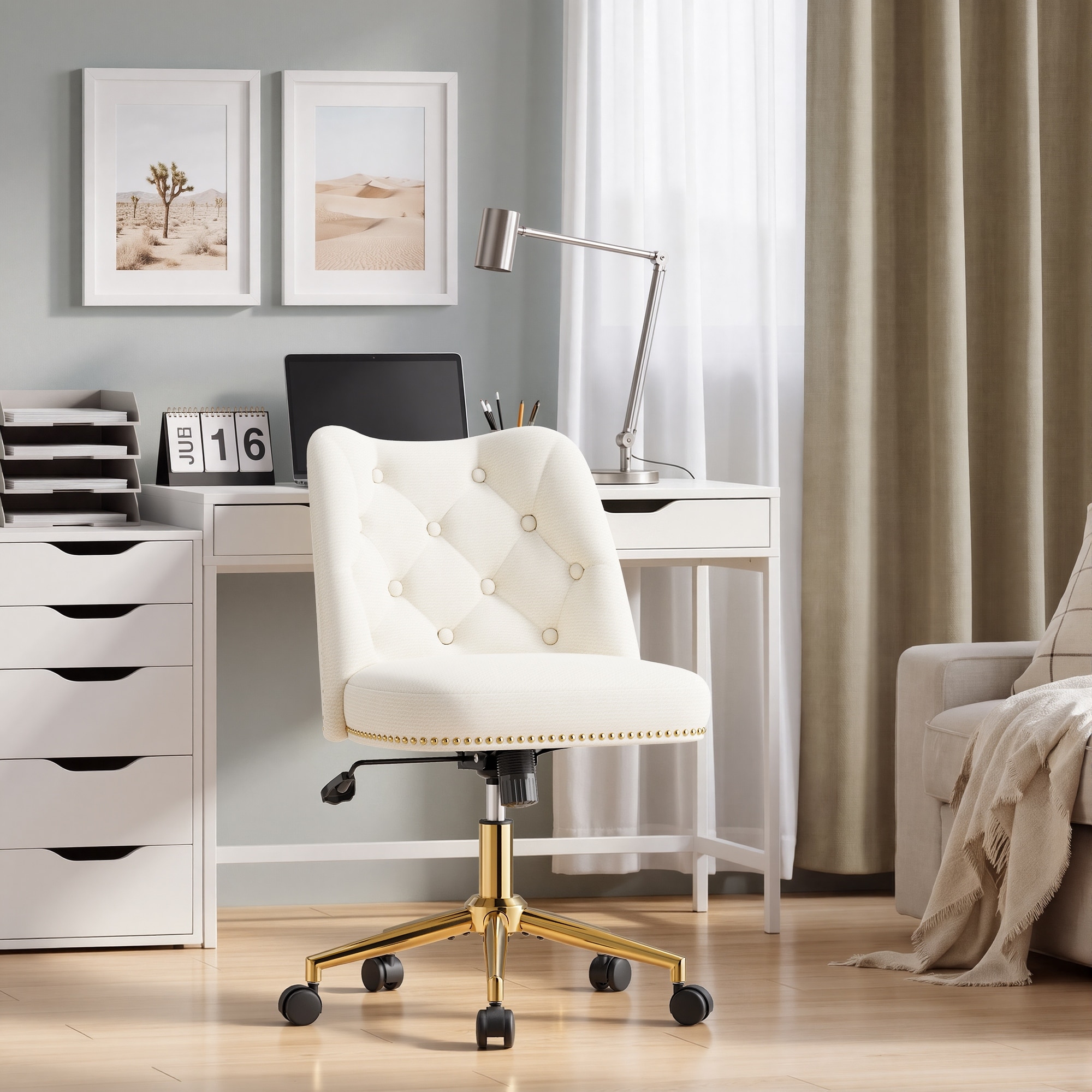 Upholstered Swivel Office Chair With Gold Metal Base