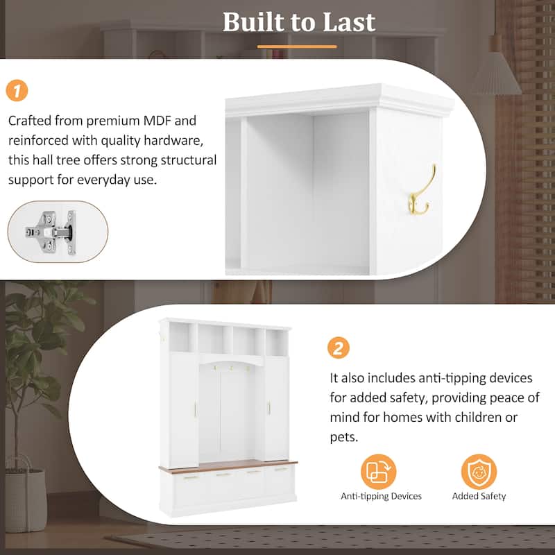 59 in Farmhouse Hall Tree with Golden Hooks & Handles, Walnut Bench, Adjustable Shelves, 76.7 in H Entryway Organizer