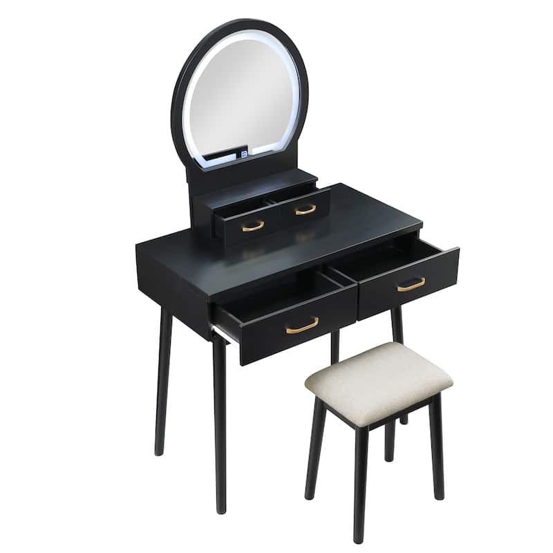 Beautiful Black Finish Vanity Dresser with Mirror and Stool - Black