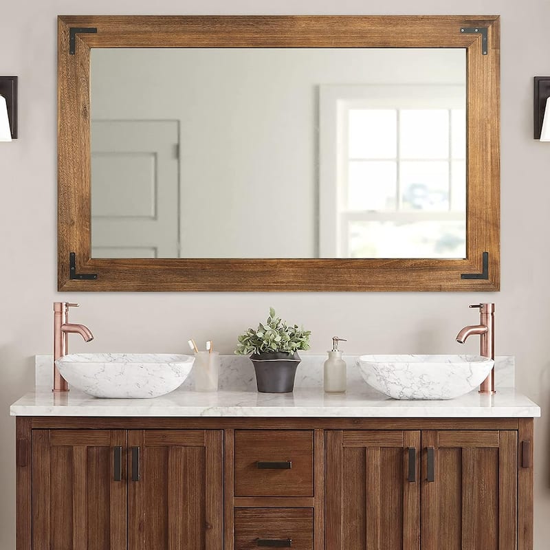 Rustic Wooden Framed Wall Mirror, Natural Wood Bathroom Vanity Mirror - 40" x 26" - Brown