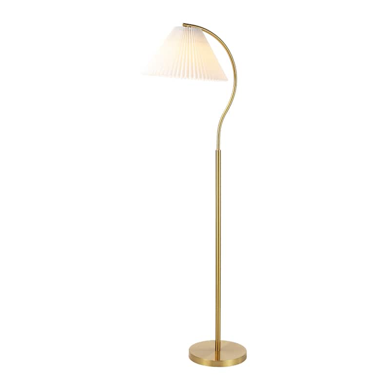 Freida 60.5" Modern Glam Metal Arc LED Floor Lamp with Pleated Shade, Brass Gold/White, by JONATHAN Y - Brass Gold