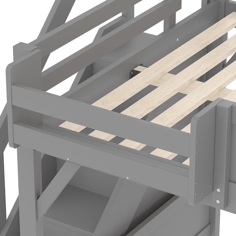 Full/Twin Loft Bed with Built-in Wardrobe, Storage & Stairs - Solid Wood, Full-Length Guardrails, No Box Spring