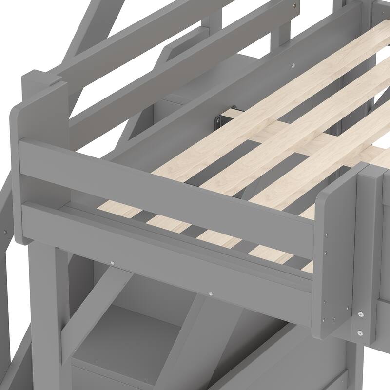 Roomfitters Loft Bed with Wardrobe and Storage Stairs, Solid Wood Frame with Bedside Shelves