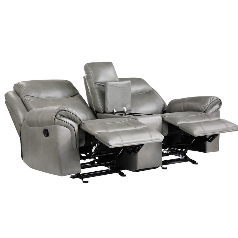 Max 80 Inch Dual Manual Recliner Loveseat, Cupholders, Gray Faux Leather